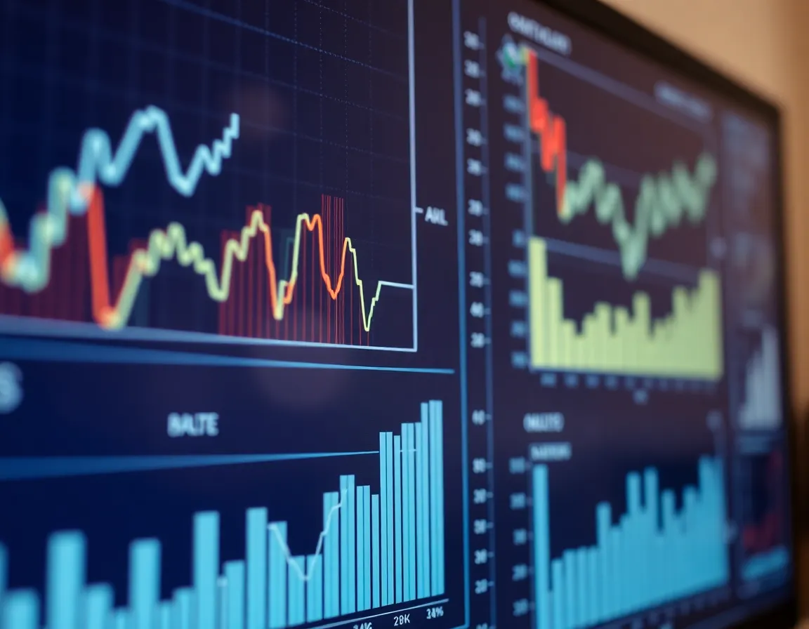 Financial charts and graphs on a digital screen, representing corporate finance advisory.