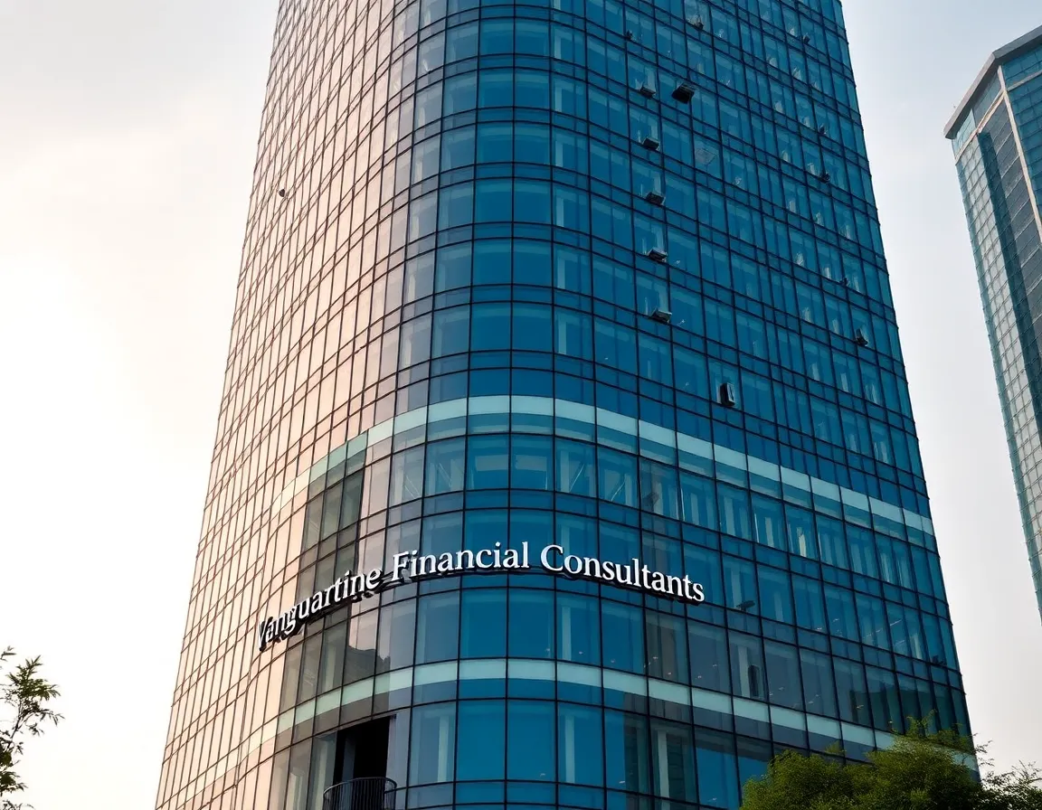 The modern architecture of the Prestige Trade Tower in Bangalore, home to Vanguard Financial Consultants.