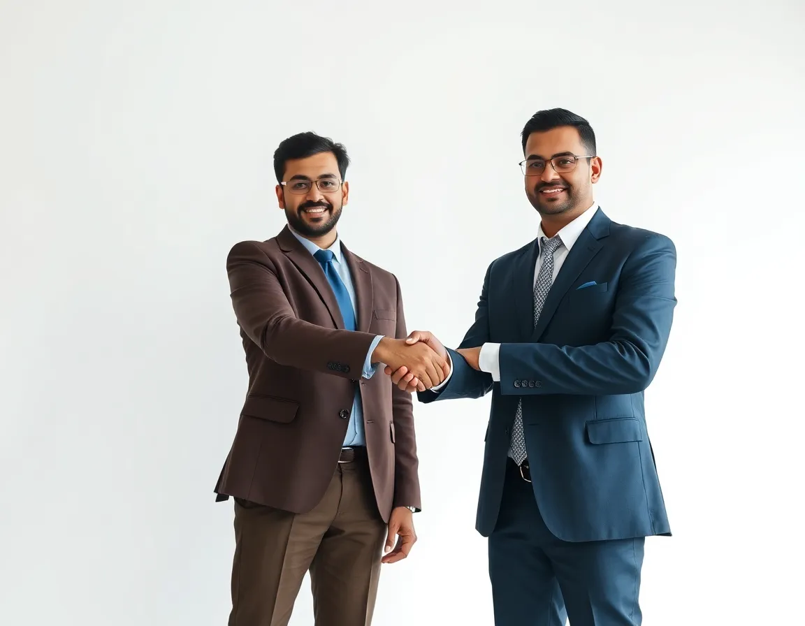 Two business professionals shaking hands, sealing a deal in a corporate M&A advisory context.